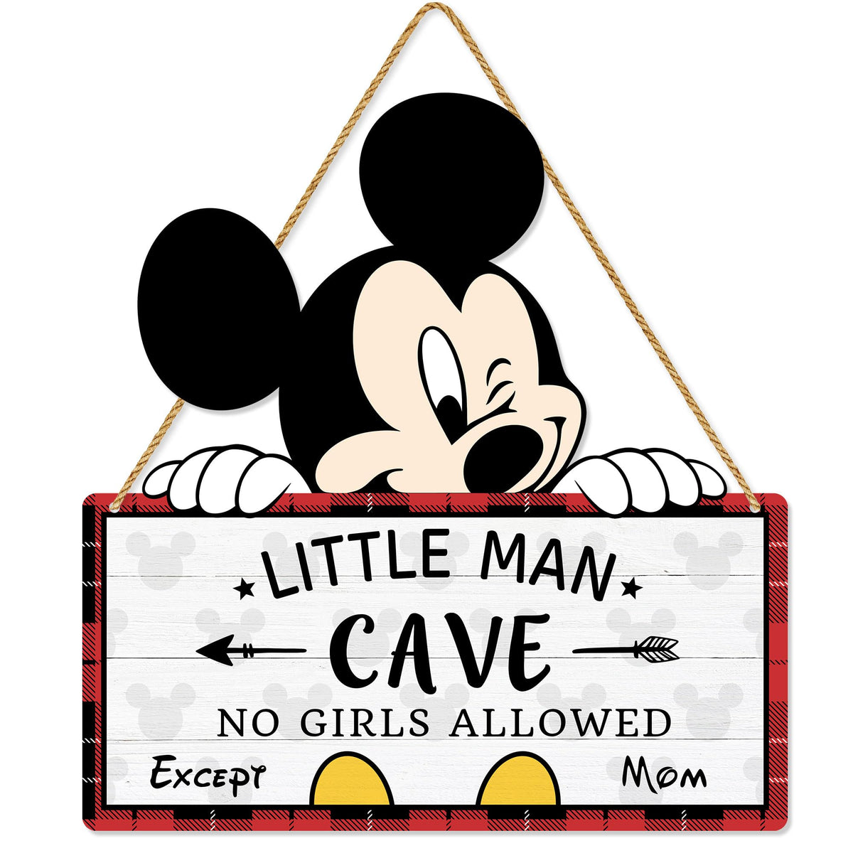 Poncpis mouse-shaped door sign adds playful charm to a boy's room decor.