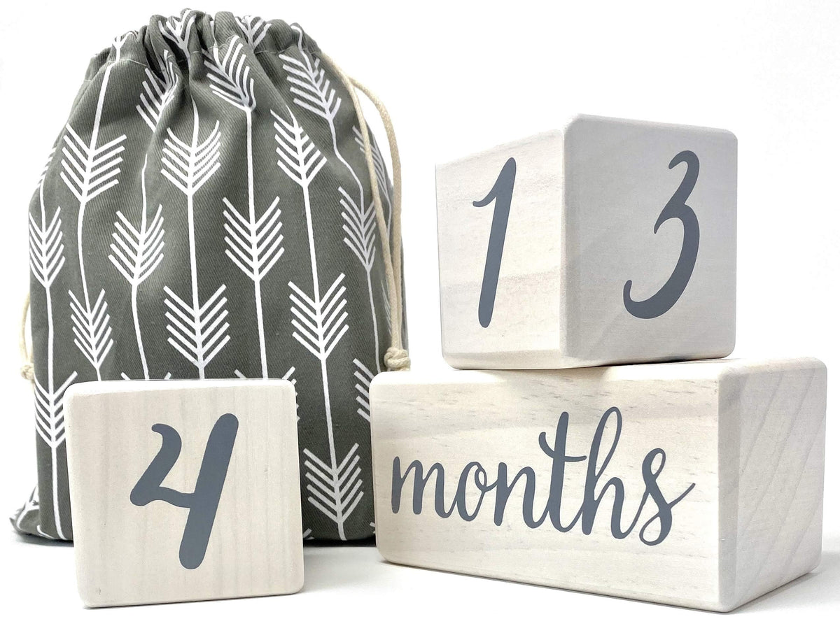 Pondering Pine baby milestone blocks stacked for newborn photos with a timeless pine finish.