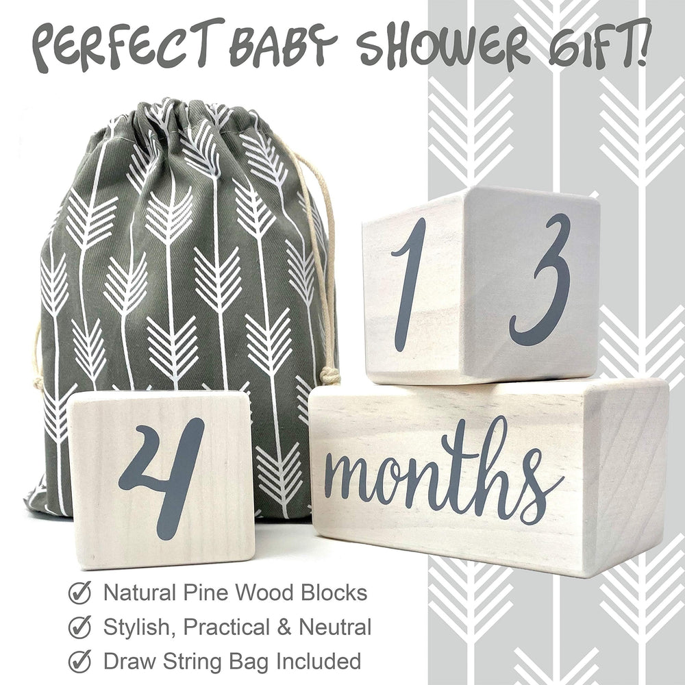 Pondering Pine milestone blocks with rounded corners emphasizing baby-safe design.
