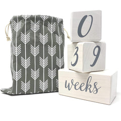Pondering Pine natural pine blocks showing month labels for monthly milestones.
