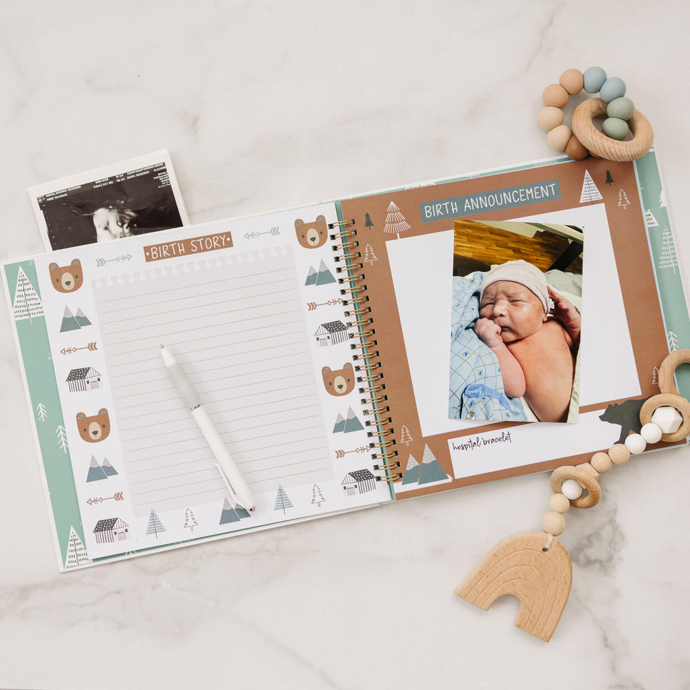 Pondering Pine woodland theme illustrations, soft colors invite daily memory-keeping.