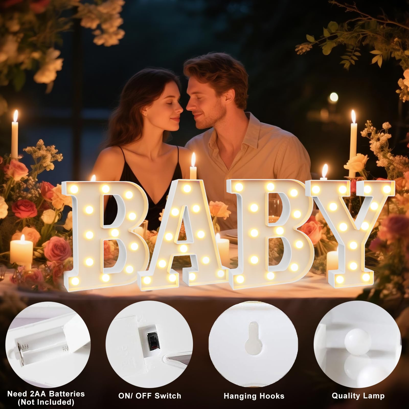 Pooqla BABY marquee letter table display provides warm decorative illumination