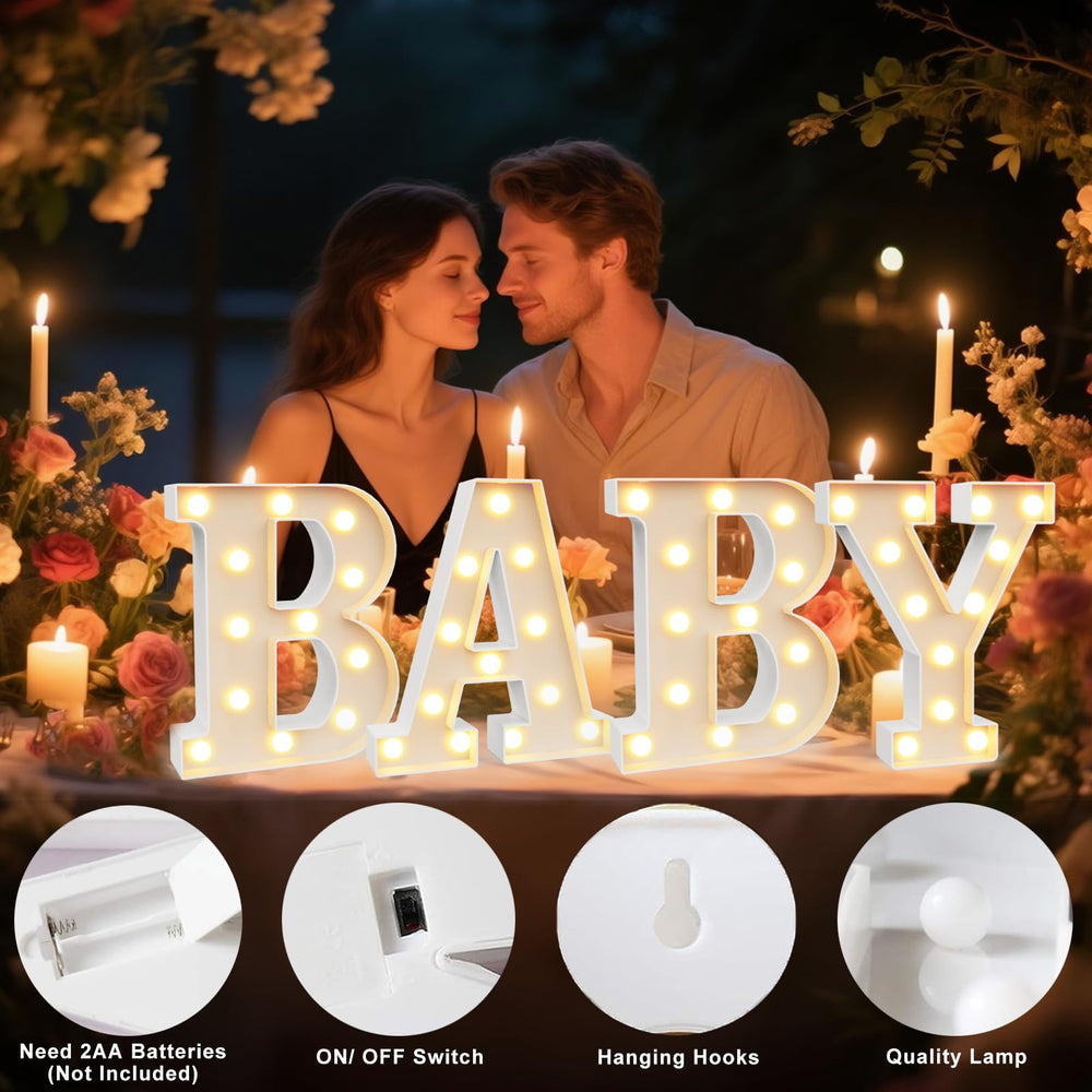 Pooqla BABY marquee letter table display provides warm decorative illumination