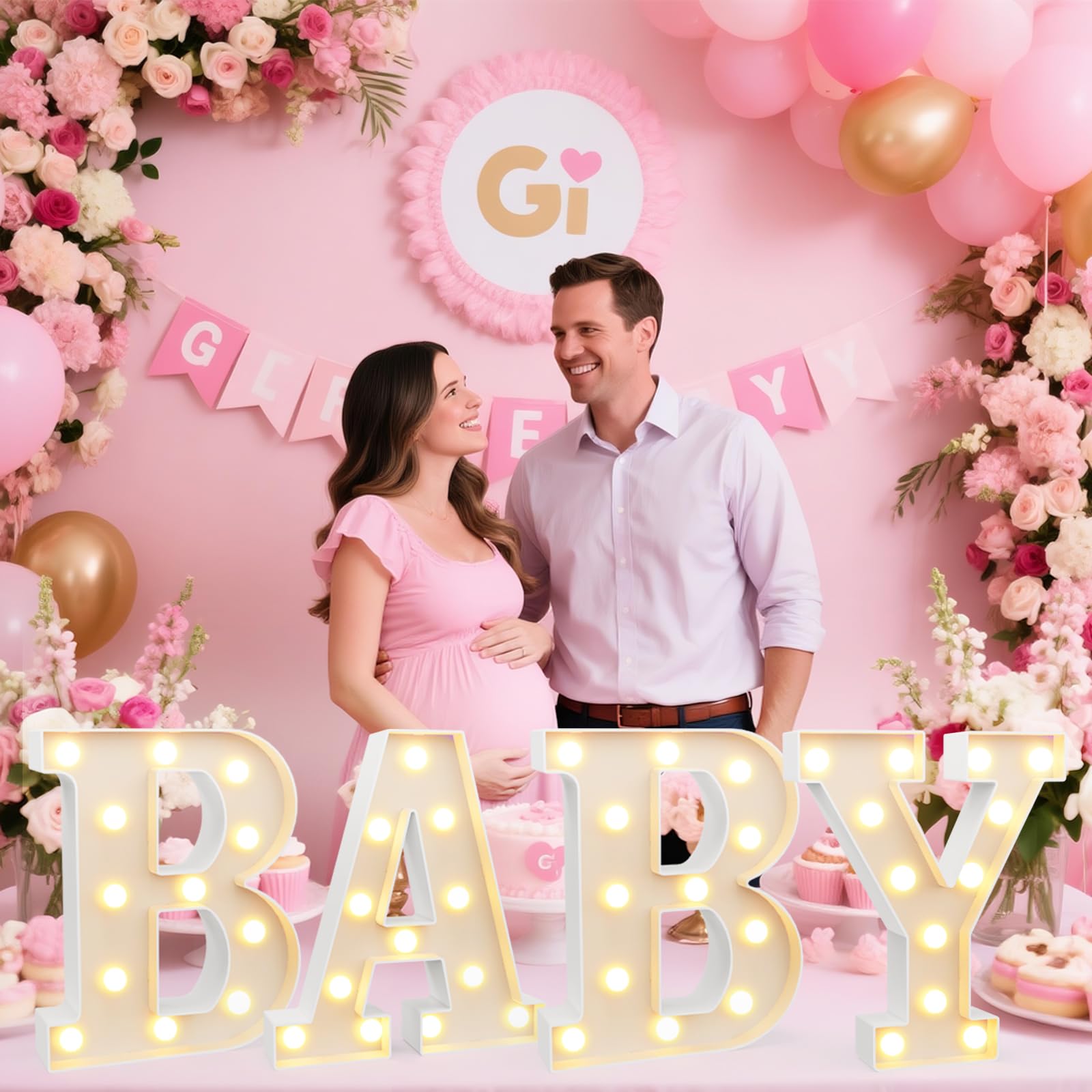 Pooqla BABY marquee letters on wall backdrop enhance baby shower ambience