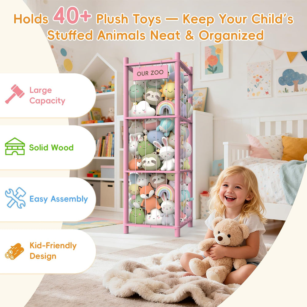 POOSIDE stuffed animal storage organizer corner-fit demonstrating corner placement