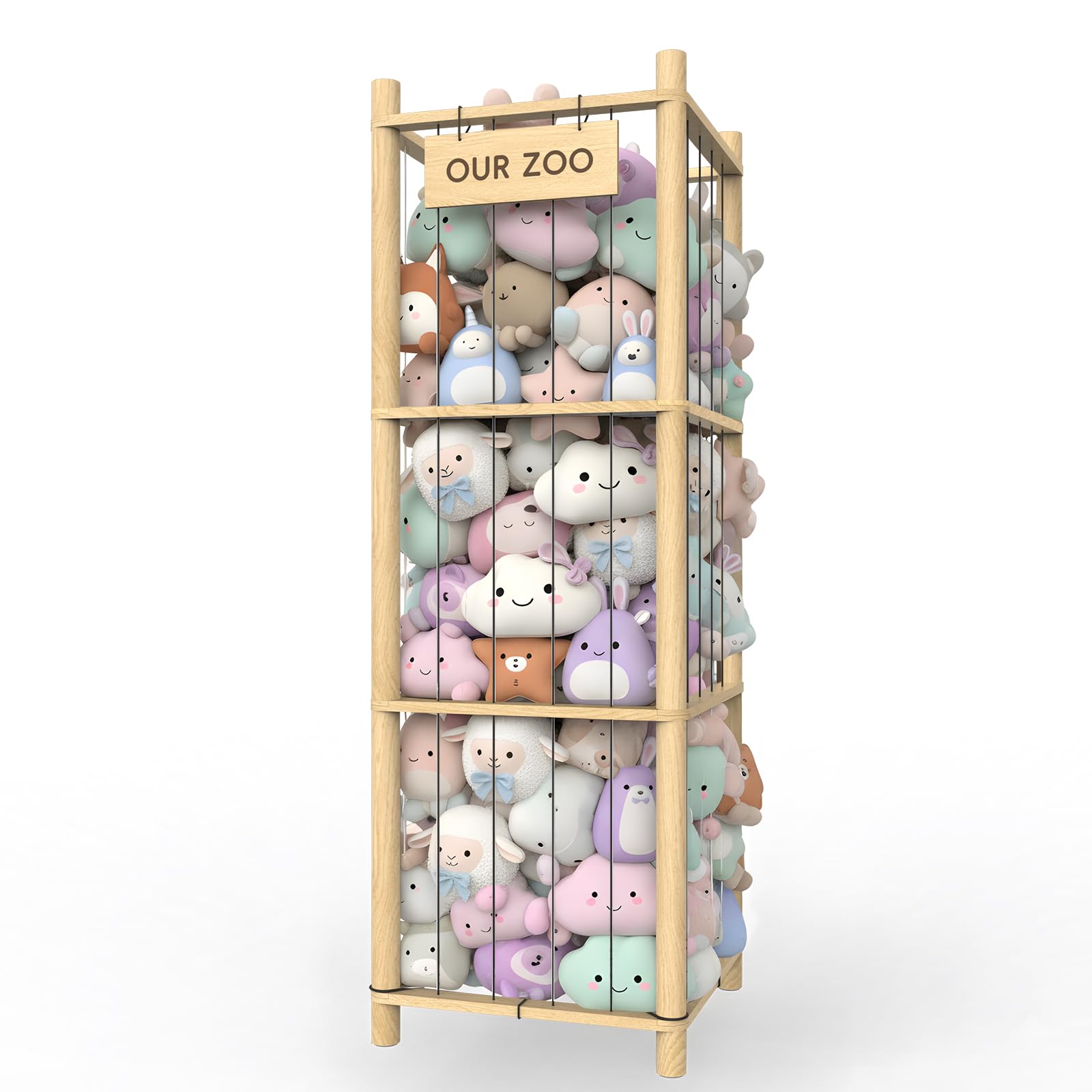 POOSIDE stuffed animal storage with wooden frame for tidy plush toy organization.