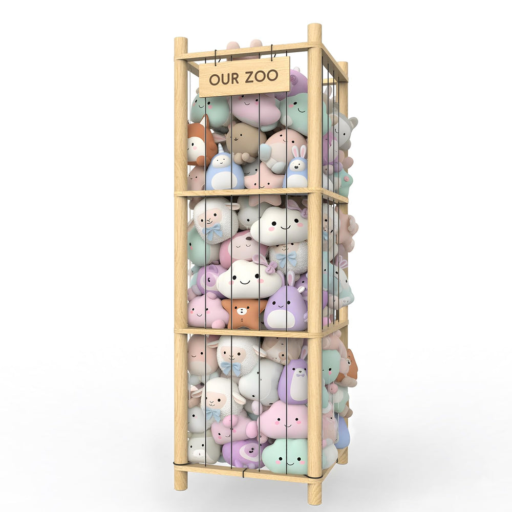 POOSIDE stuffed animal storage with wooden frame for tidy plush toy organization.