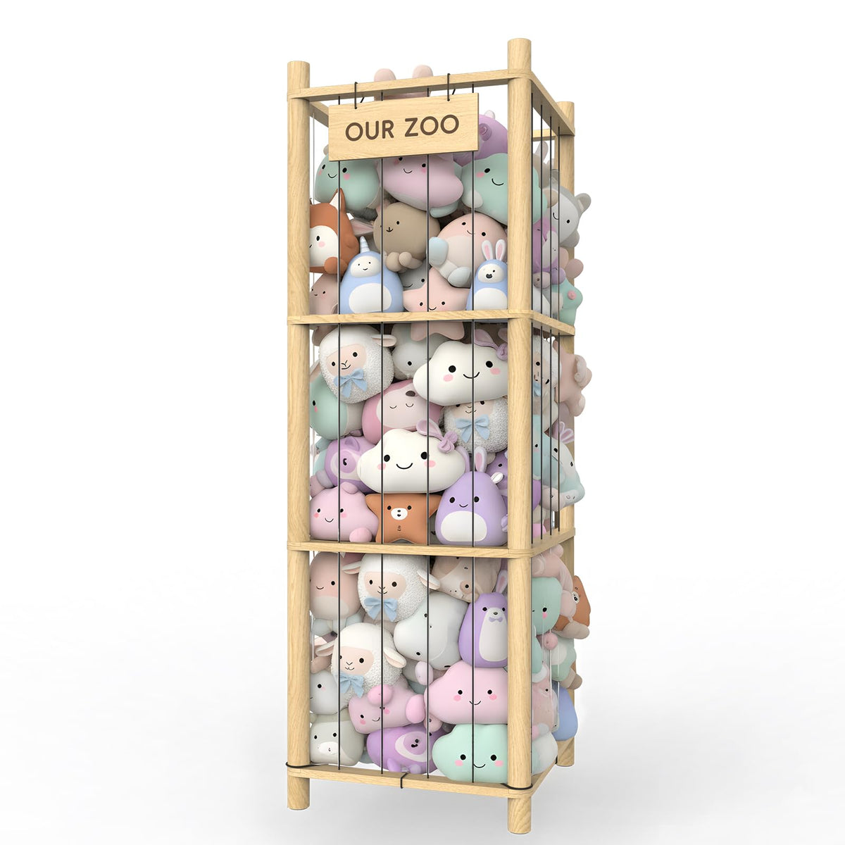 POOSIDE stuffed animal storage with wooden frame for tidy plush toy organization.