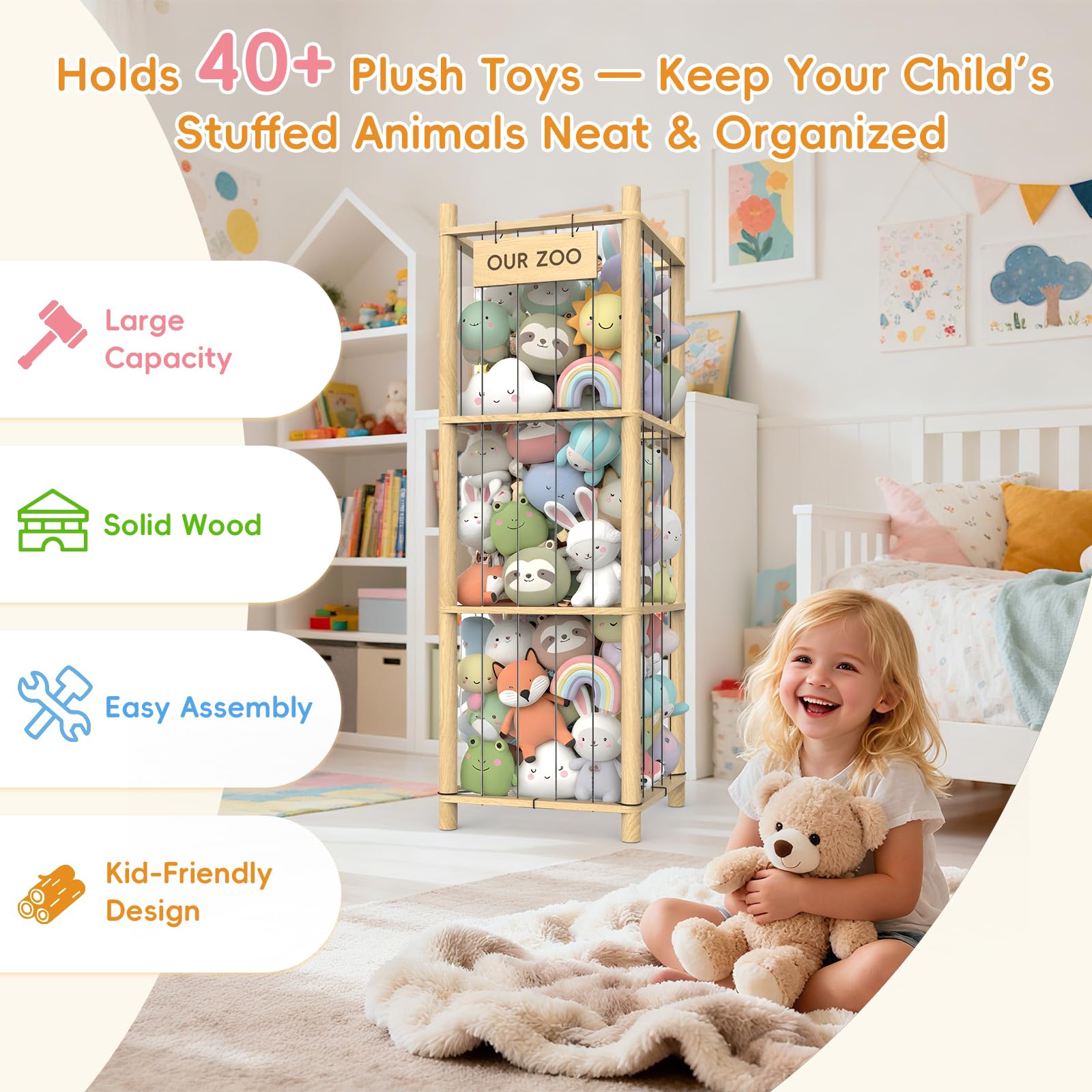 POOSIDE wooden toy holder shows elastic ropes cradling plush toys securely.