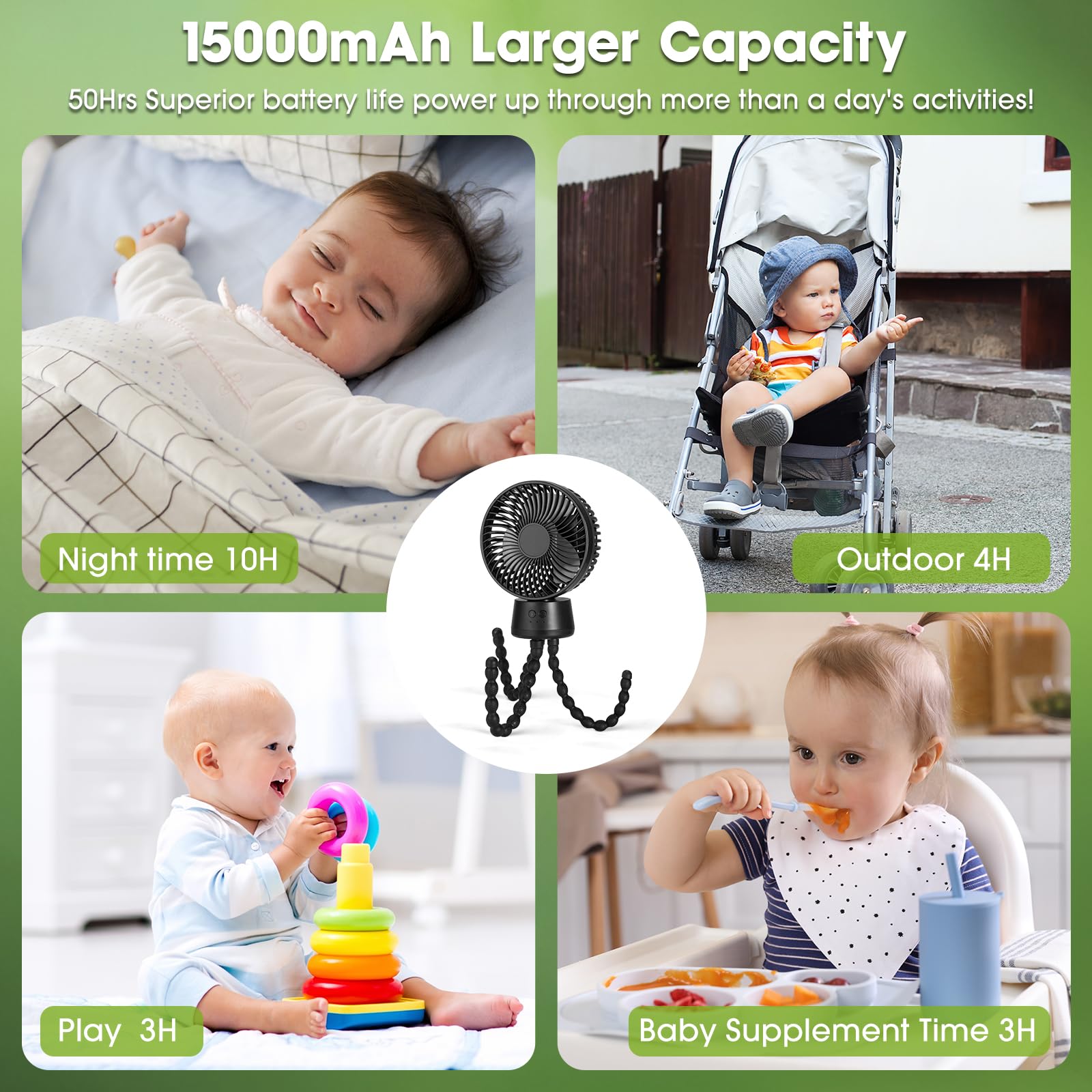 POPERFUN clip-on baby fan on stroller provides cooling without fuss.