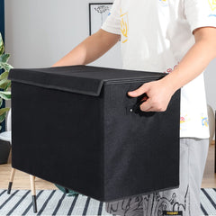 Popoly flip-top lid keeps toys dust-free in the linen black storage box