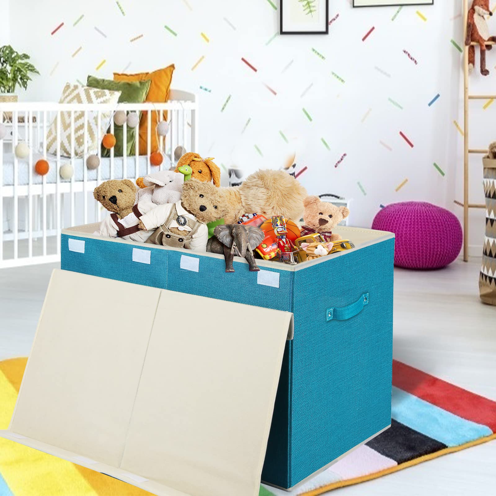 Popoly collapsible toy bin shown flat-fold for space-saving storage.