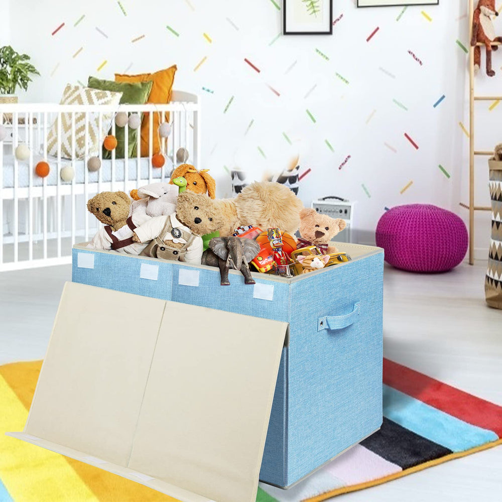 A close view of the Popoly large toy box's reinforced handles for easy carrying.