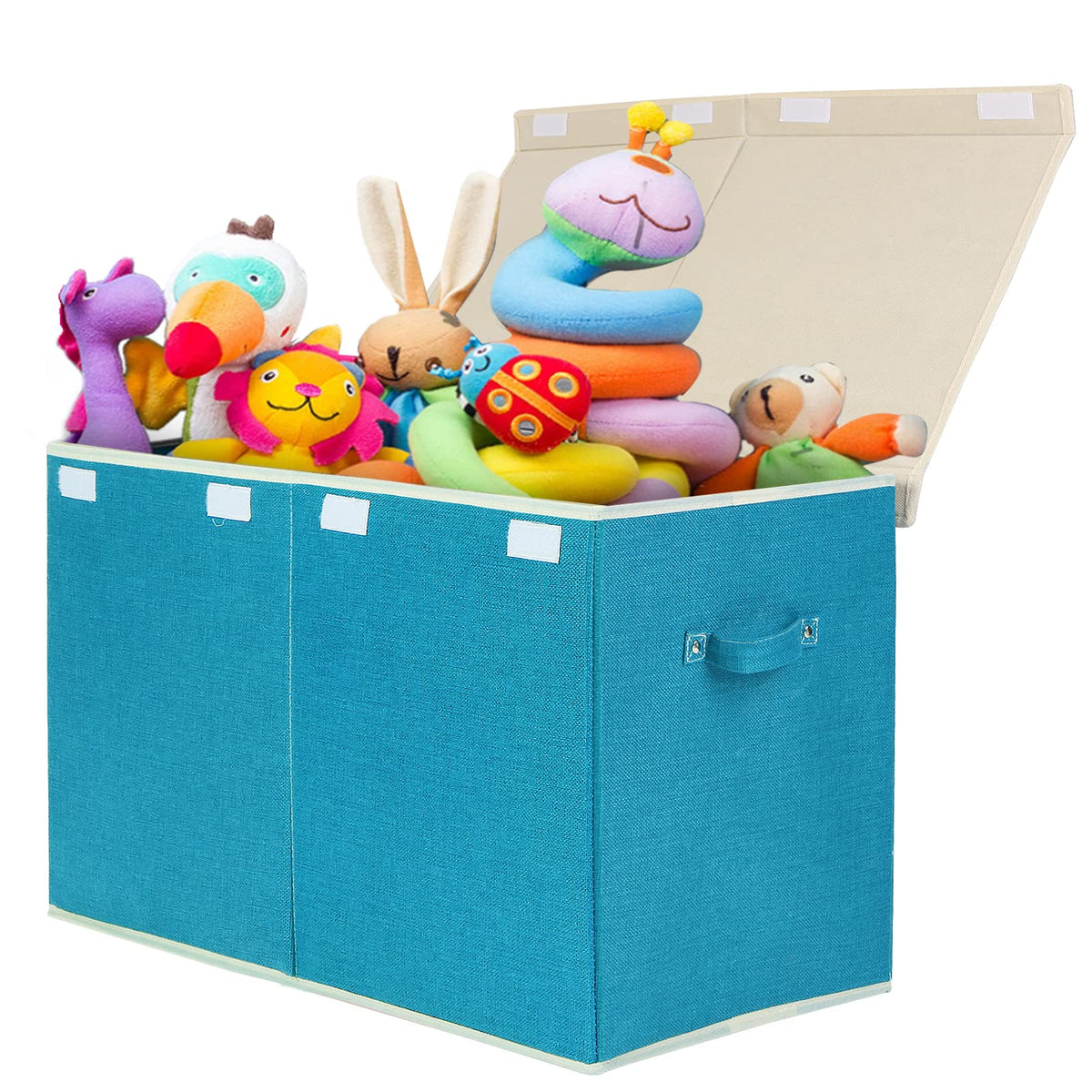 Popoly large toy box flip-top lid in linen teal for quick toy access.