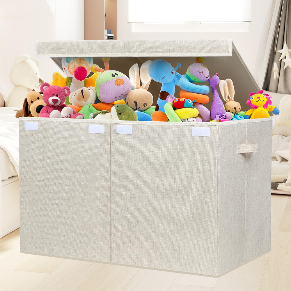 Popoly toy box with removable divider shows flexible organization for toys and blankets