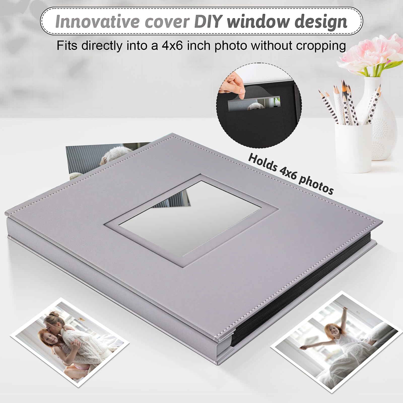 Popotop Photo Album front window displaying 4x6 photo storage and easy viewing