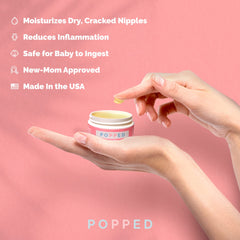 Popped Organic Nipple Butter ingredients label highlights seven organic components.