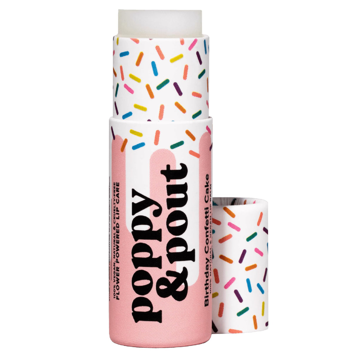 Poppy & Pout Birthday Cake lip balm in pink tube provides long-lasting hydration.