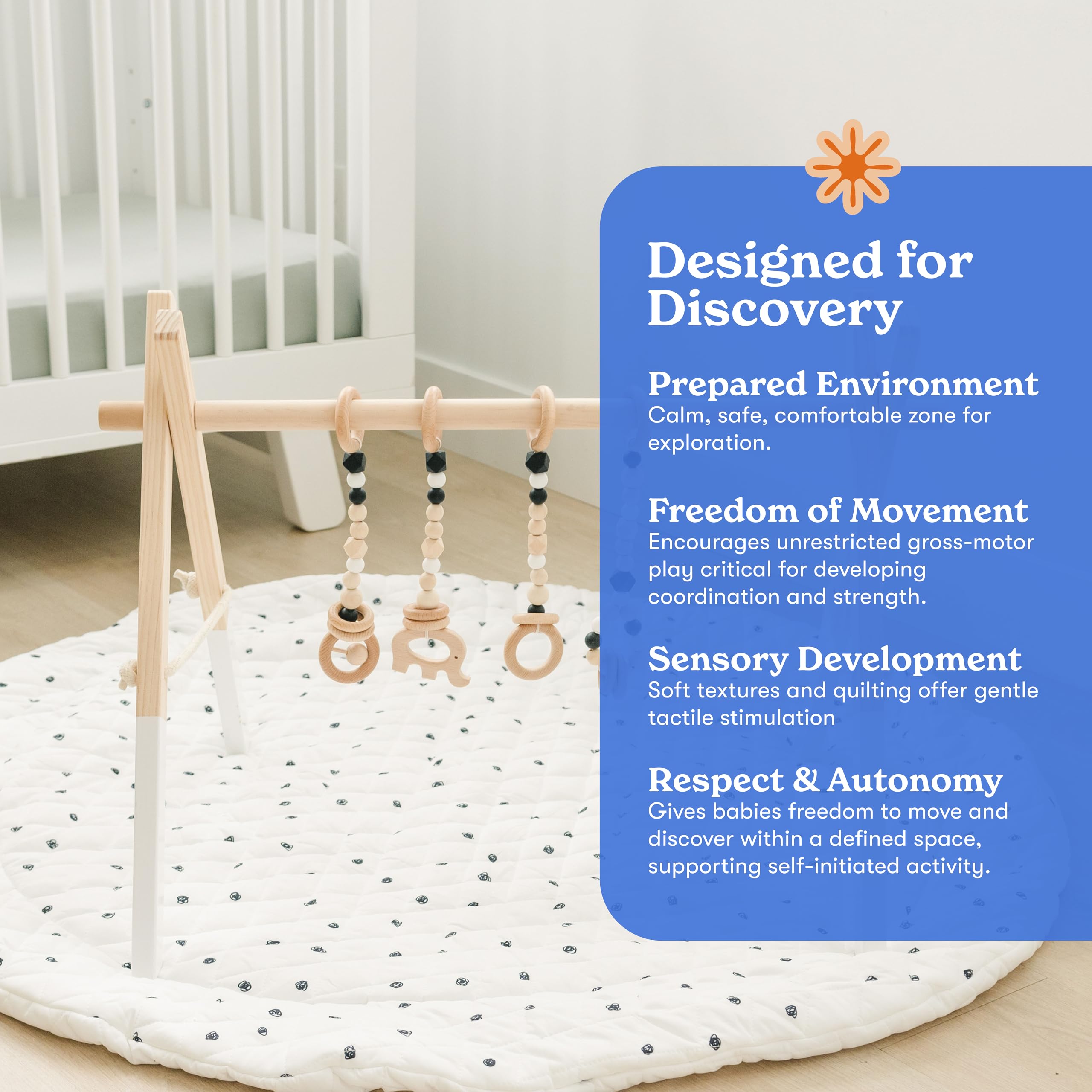 Poppyseed Play foldable baby mat folds for compact storage or travel convenience.