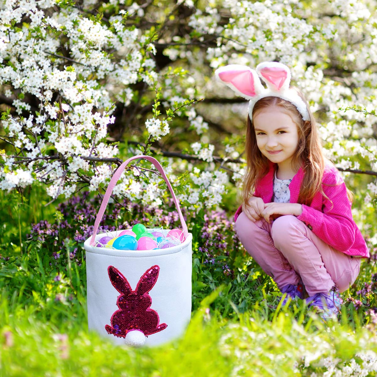Poptrend Easter Basket Bags pink 9in dimensions image shows compact size for storage.