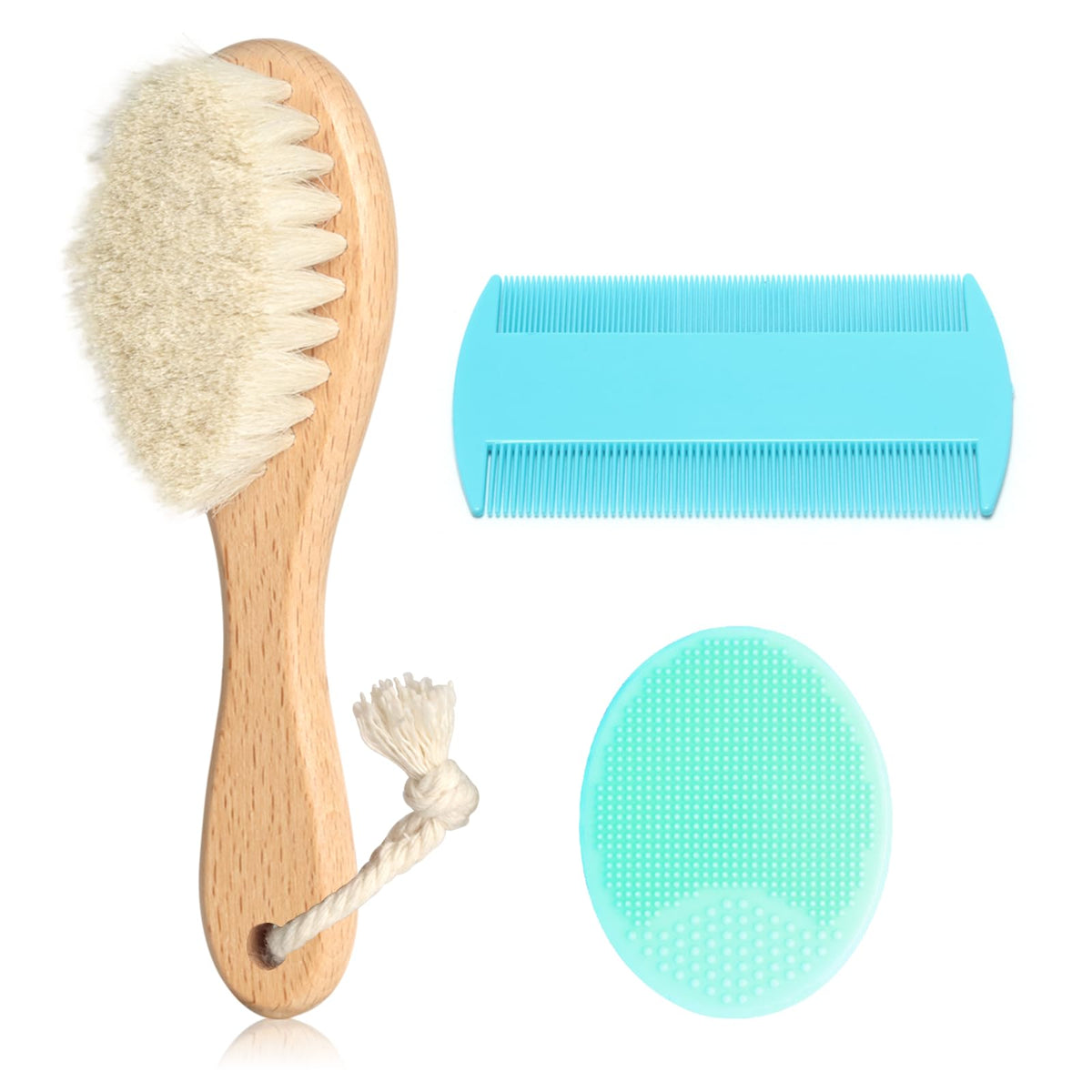 POPYJAN goat hair brush close-up with natural bristles for gentle baby grooming.