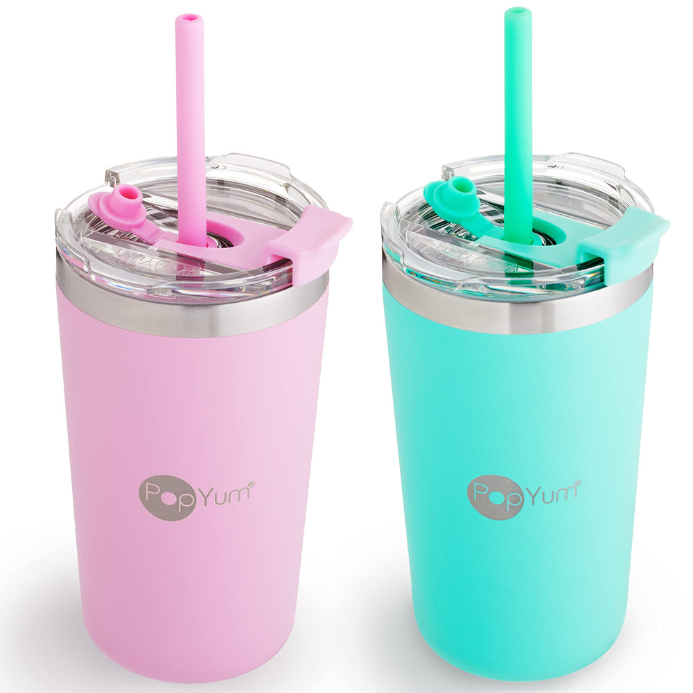 PopYum 13oz insulated cup green with straw keeps drinks cool for kids