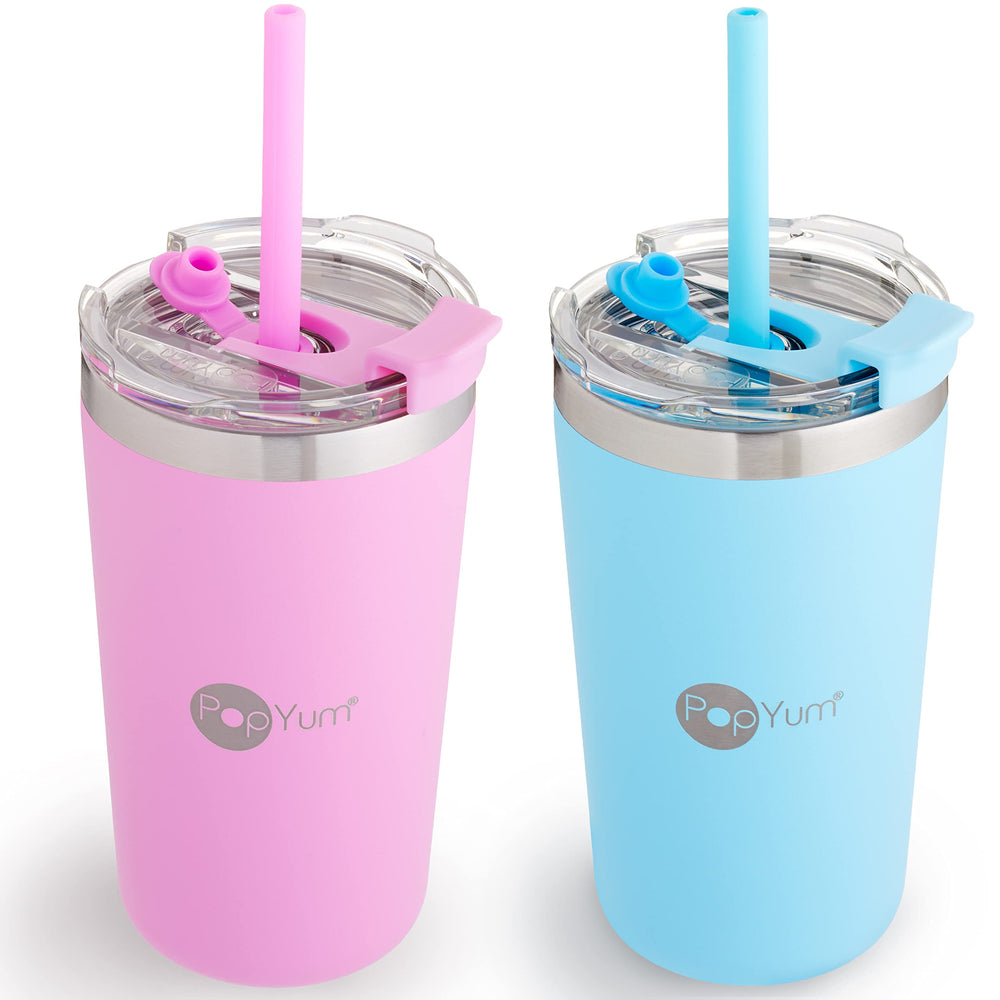 PopYum 13oz insulated kids cup blue with silicone straw for spill-free sipping