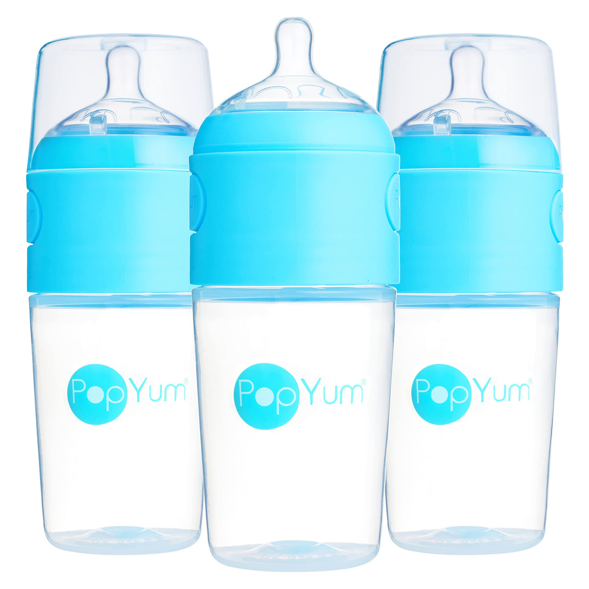 PopYum 3-pack blue baby bottles for convenient feeding on the go.