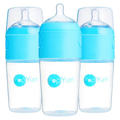 PopYum 3-pack blue baby bottles for convenient feeding on the go.