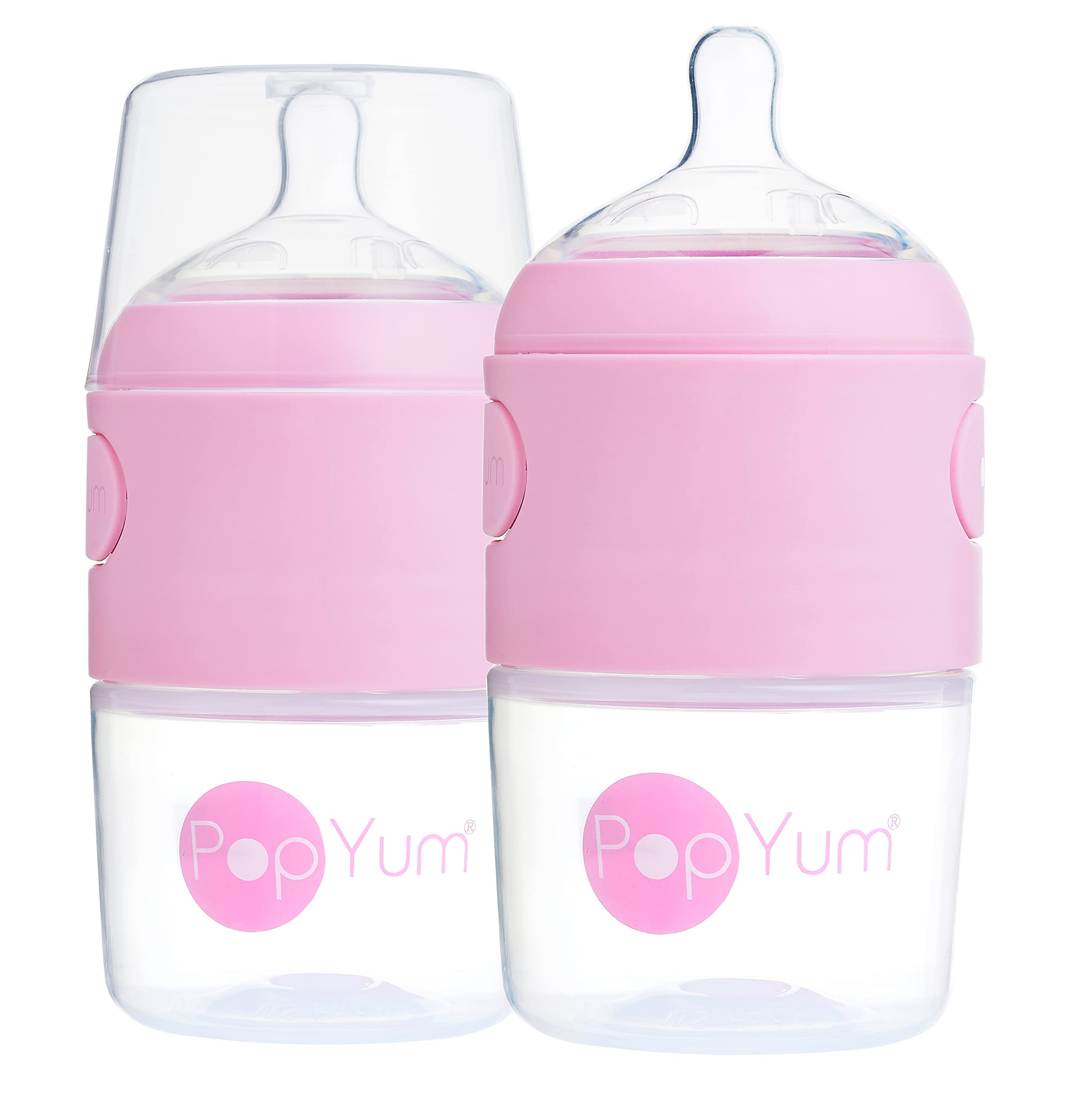 PopYum 5oz pink bottle with slow-flow nipple for controlled feeding and anti-colic design.
