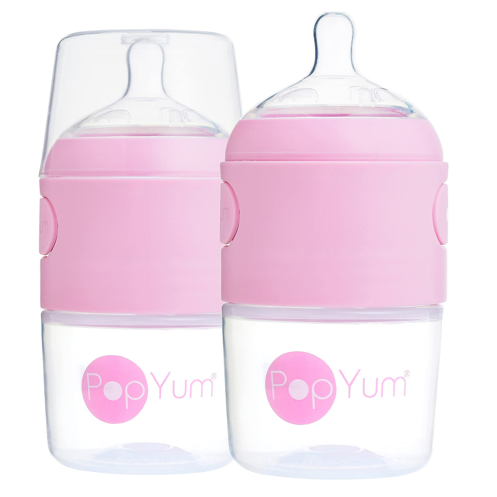 PopYum 5oz pink bottle with slow-flow nipple for controlled feeding and anti-colic design.