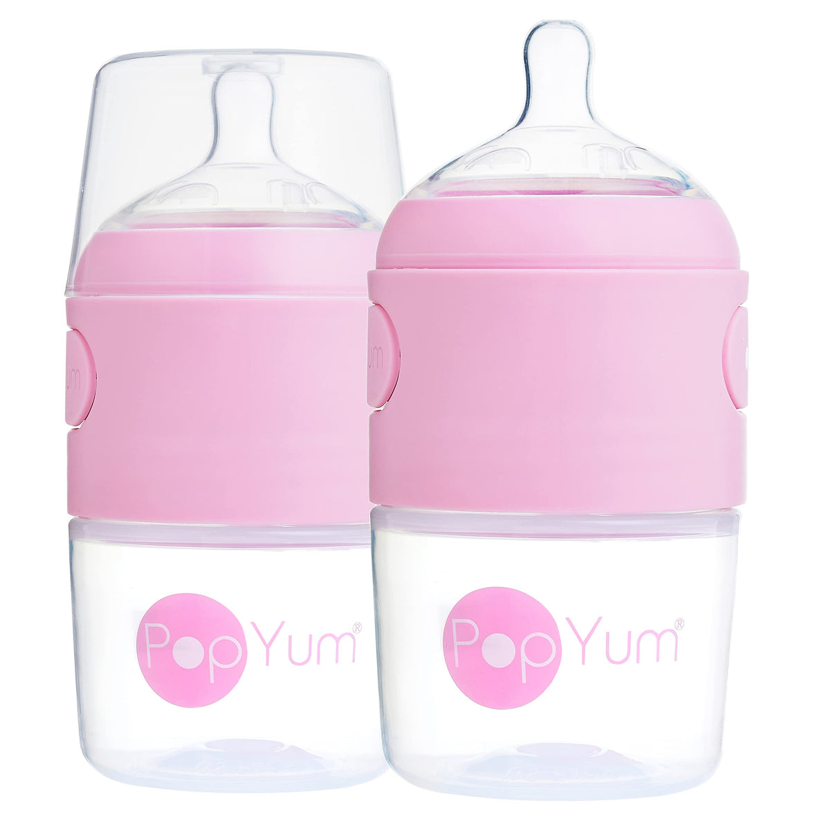 PopYum 5oz pink bottle with slow-flow nipple for controlled feeding and anti-colic design.