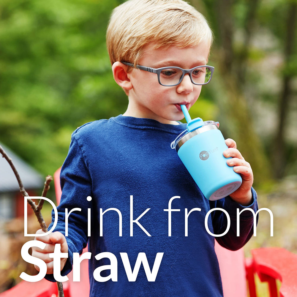 PopYum 9oz blue cup with lid-straw for easy sipping and mess reduction.