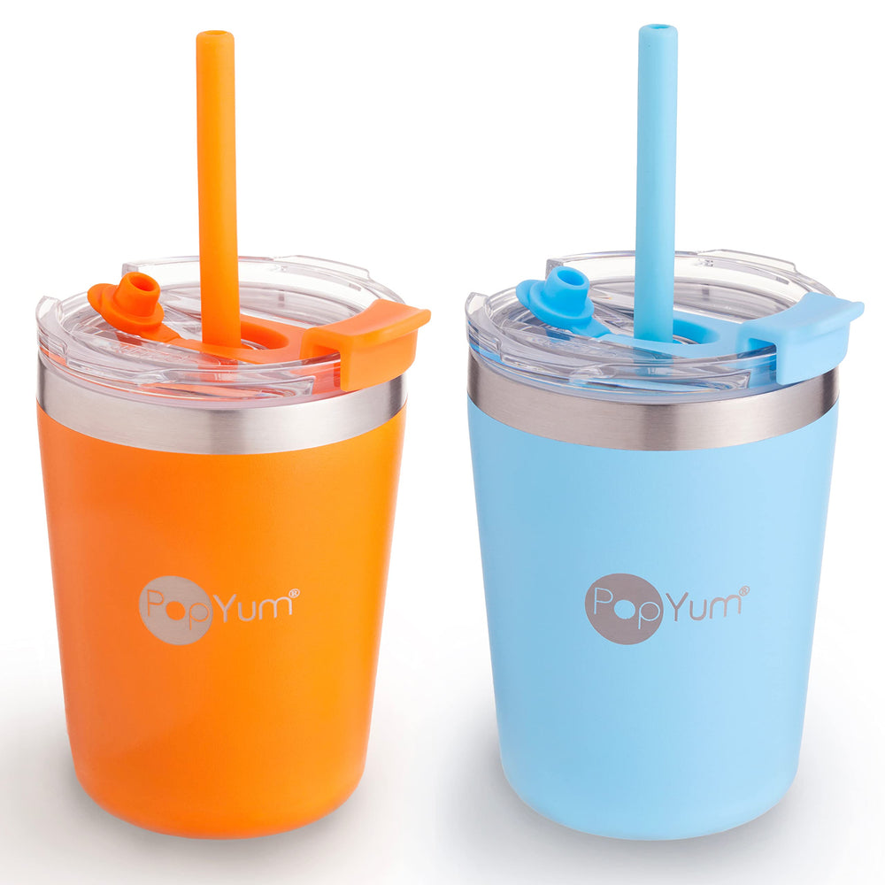PopYum 9oz orange cup with lid and straw keeps drinks cold or warm during play.