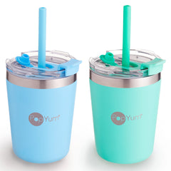 PopYum 9oz insulated cup in sky blue with straw showing leak-resistant design