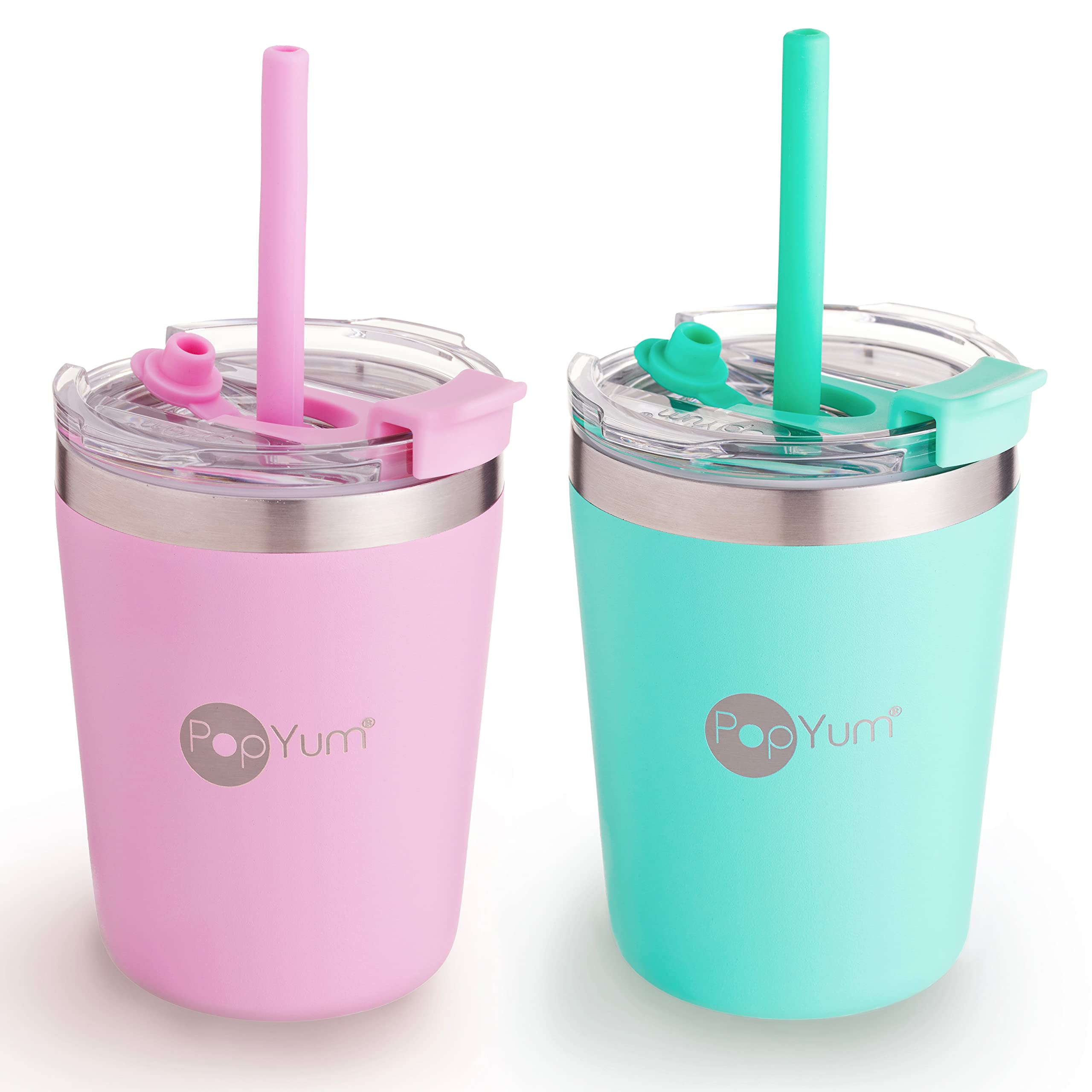 PopYum 9oz kids cups green-straw, easy sip for school or travel.