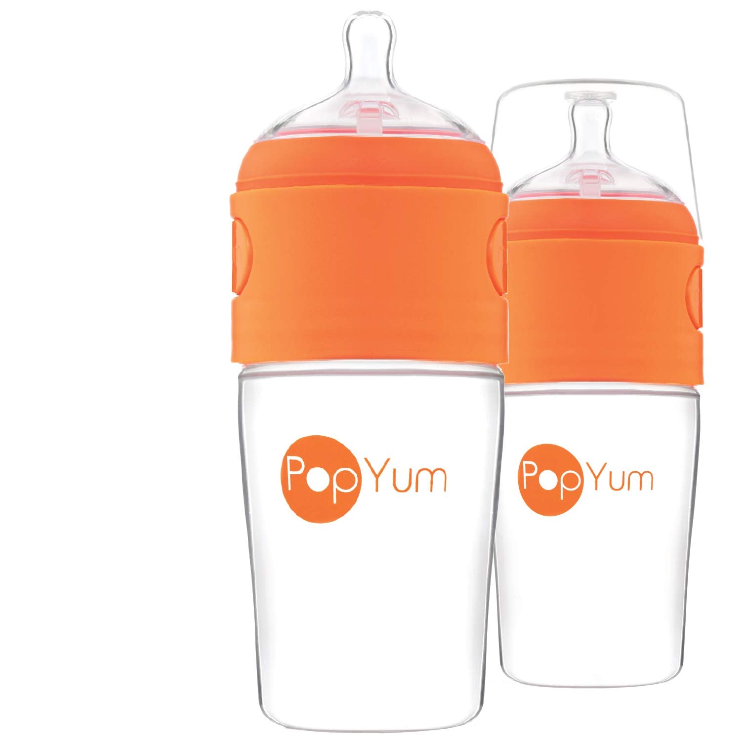 PopYum 9oz orange bottle ready for feeding, easy hold for parents
