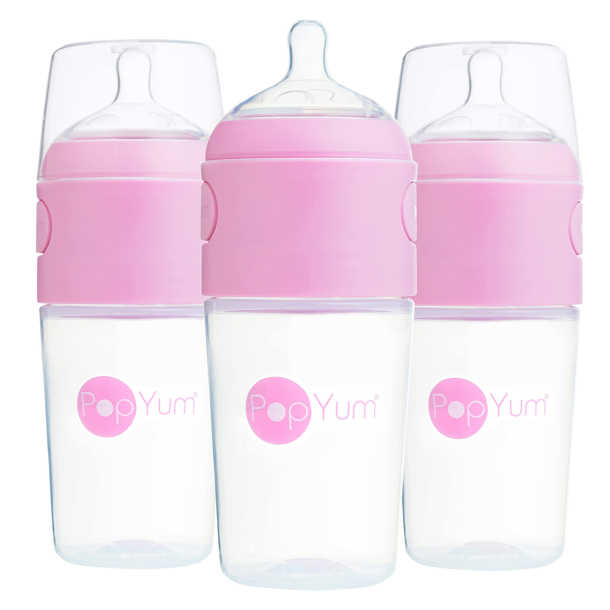 PopYum 9oz pink bottle with anti-colic nipples supports calm feeds.