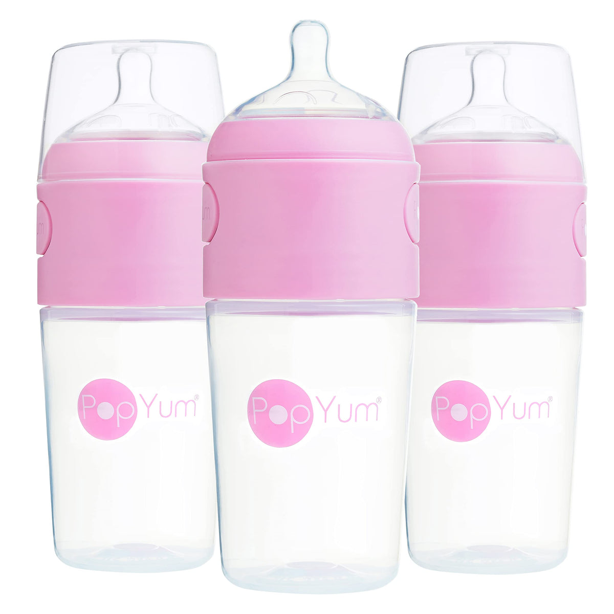 PopYum 9oz pink bottle with anti-colic nipples supports calm feeds.