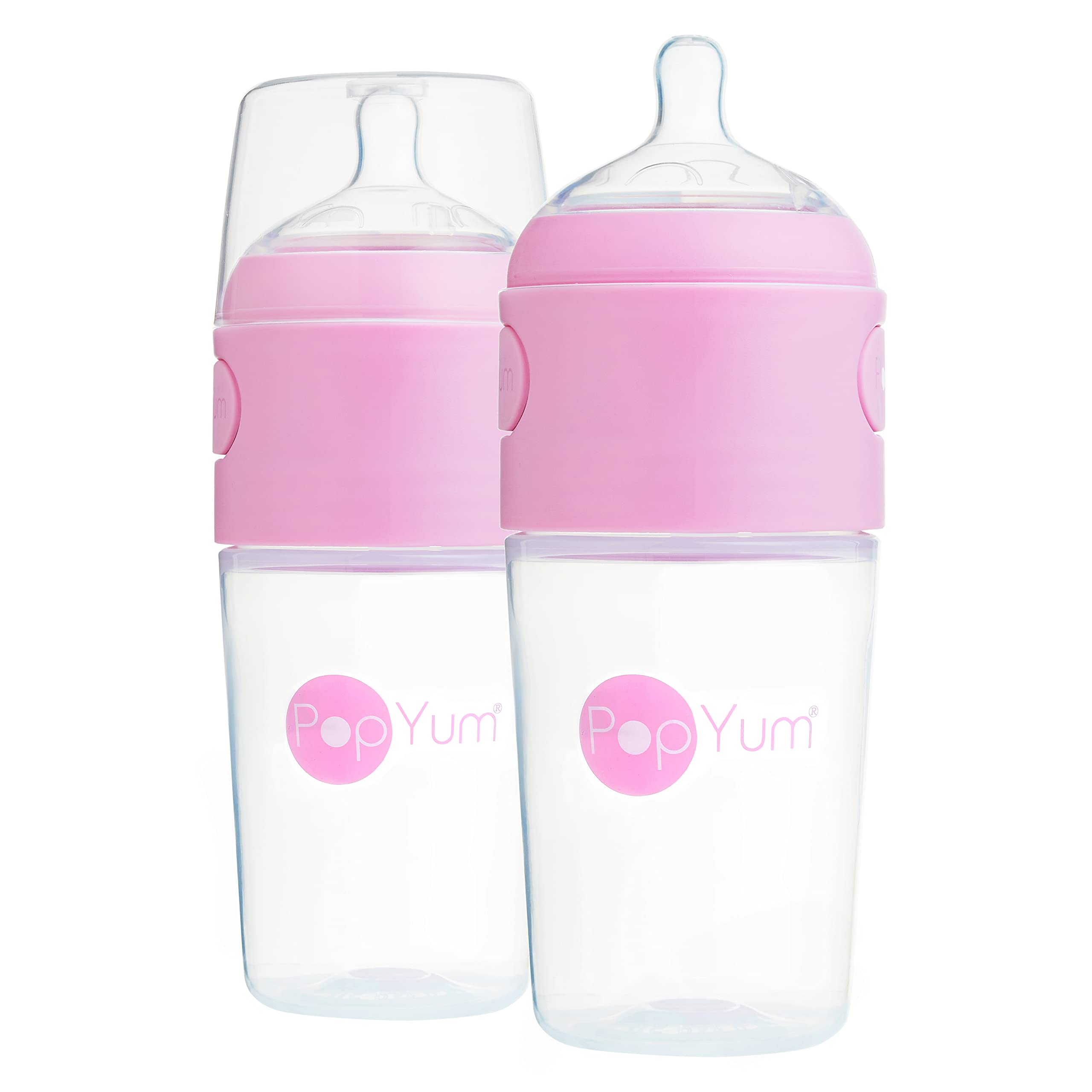 PopYum pink 9 oz bottle front view with easy-grip design for feeding.
