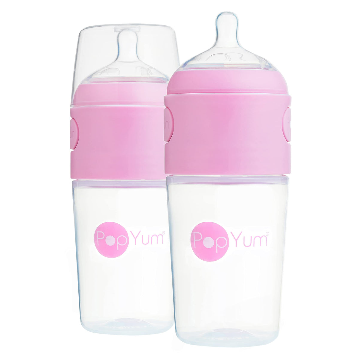 PopYum pink 9 oz bottle front view with easy-grip design for feeding.