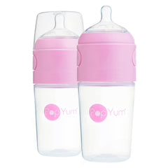 PopYum pink 9 oz bottle front view with easy-grip design for feeding.