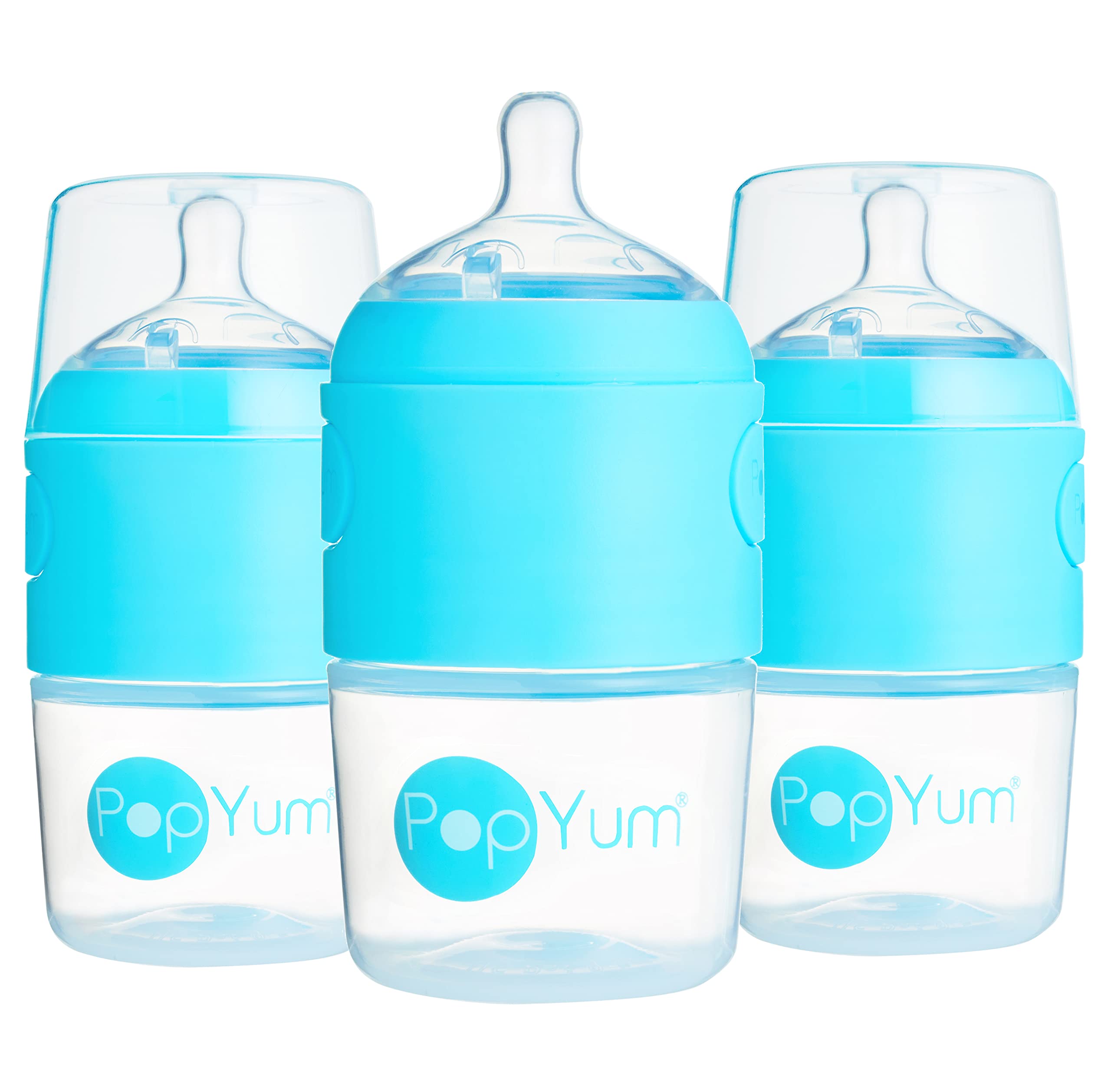 PopYum blue 5oz bottle for easy on-the-go feeds with grip-friendly design.
