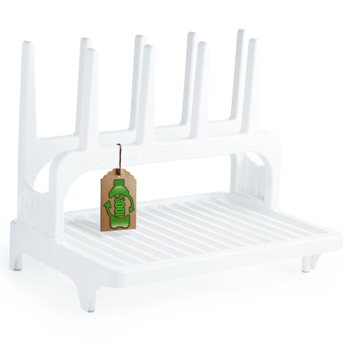 PopYum Glacier White drying rack front view shows compact, eco-friendly counter storage.