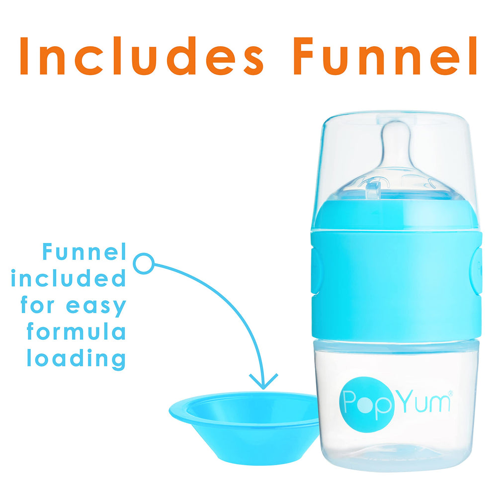 PopYum blue 3-pack bottles organized for convenient daily feeds.