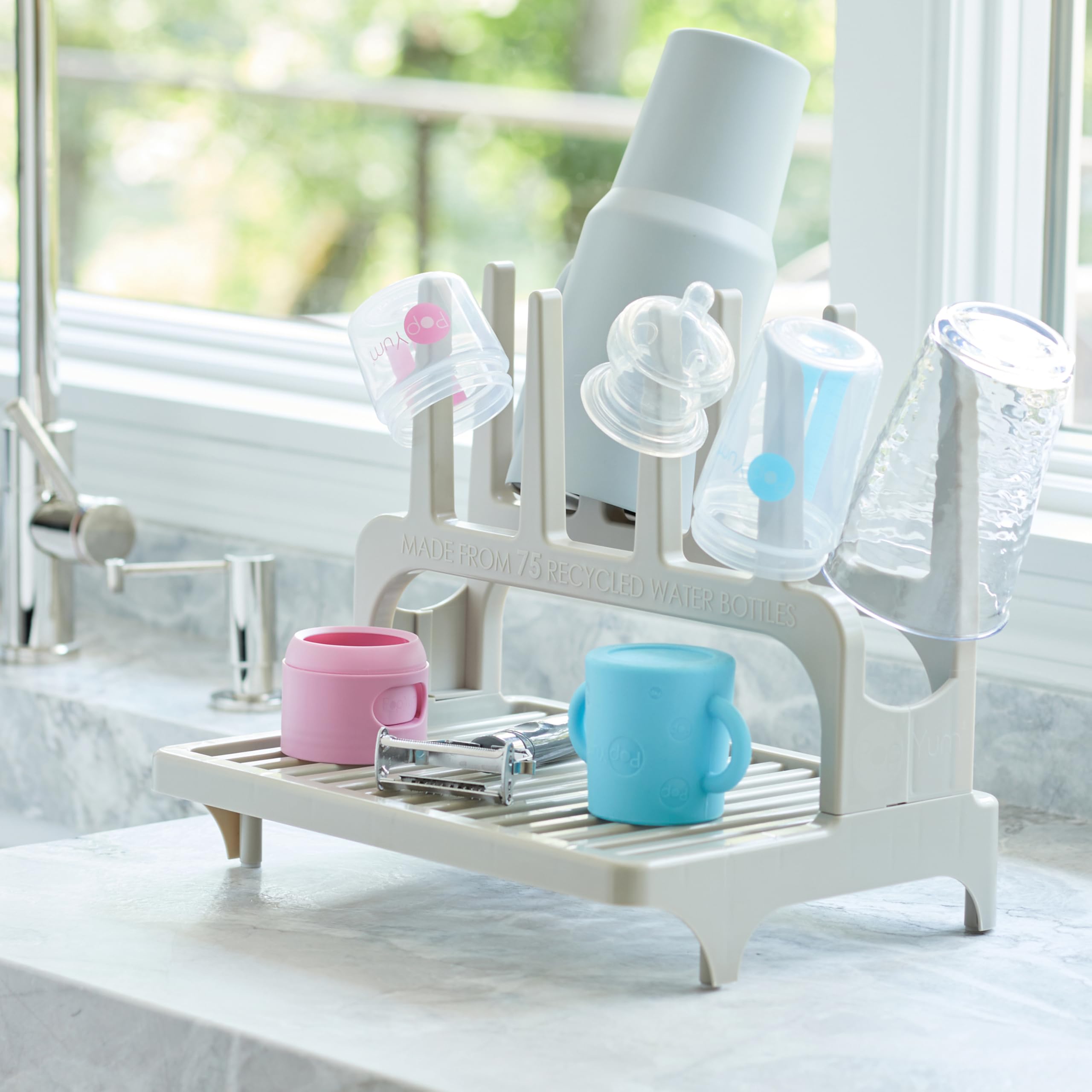 PopYum Seattle Gray drying rack arm-drying-surface highlights wide arms for bulky bottles and tall tumblers
