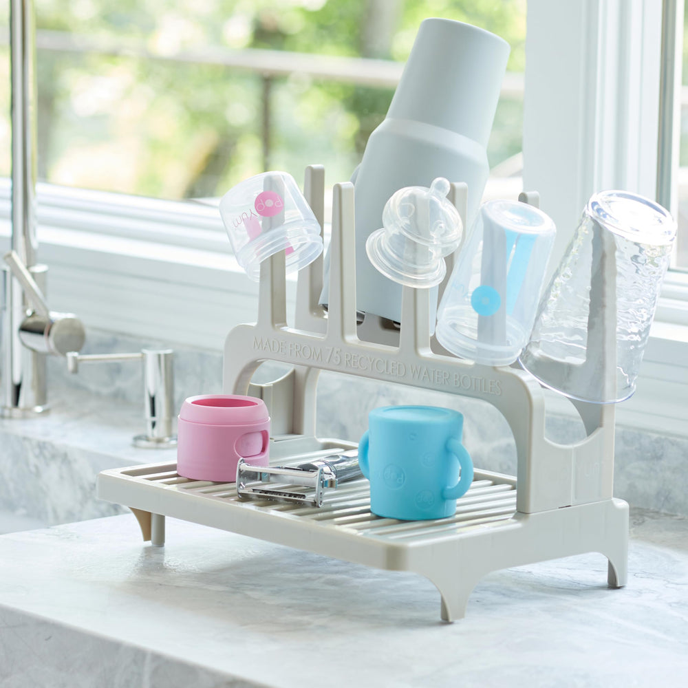 PopYum Seattle Gray drying rack arm-drying-surface highlights wide arms for bulky bottles and tall tumblers