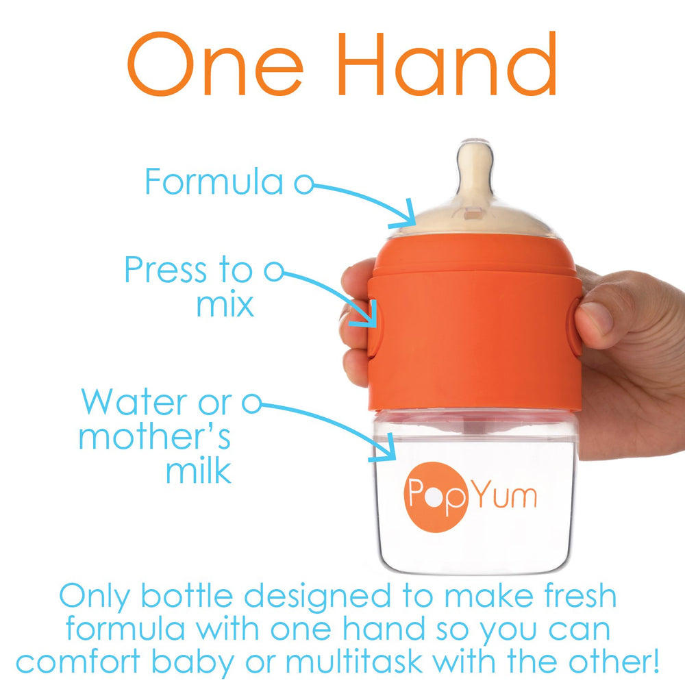 PopYum slow-flow nipple close-up highlighting anti-colic design to minimize air intake