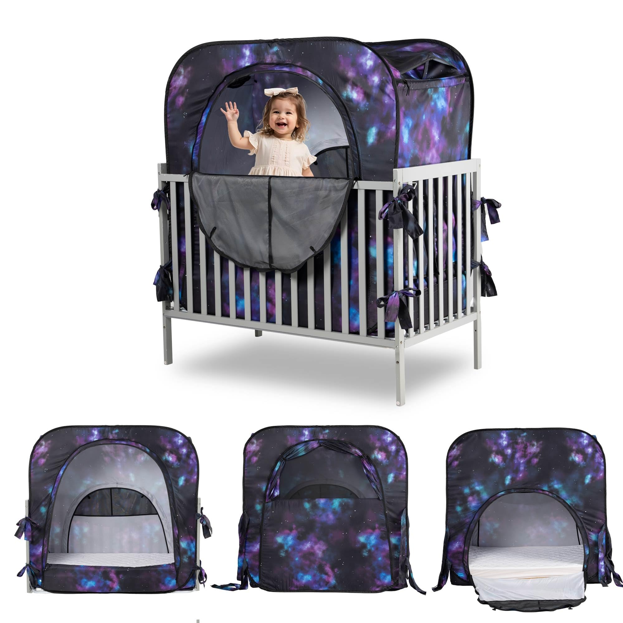 porayhut pop up baby privacy bed tent front view showing dark private sleep space for baby.
