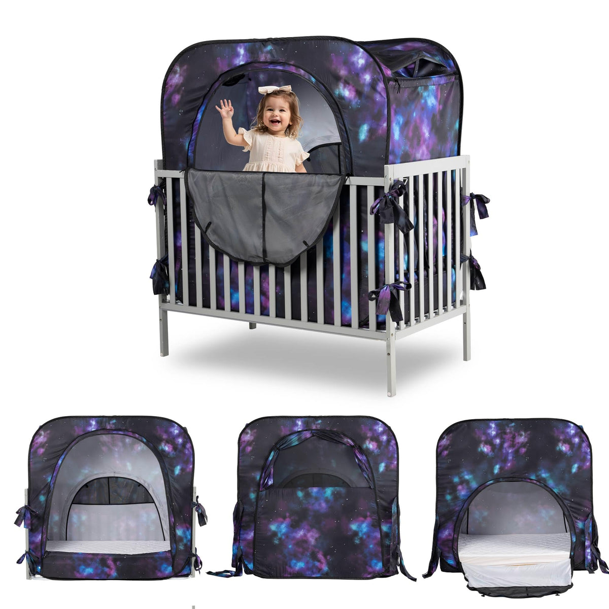 porayhut pop up baby privacy bed tent front view showing dark private sleep space for baby.